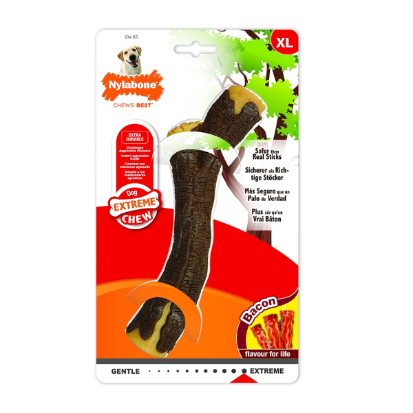 Nylabone Extreme Tough Dog Chew Toy Wooden Stick, Durable, Cleans Teeth, Bacon Flavour, XL, for Dogs Over 23 kg